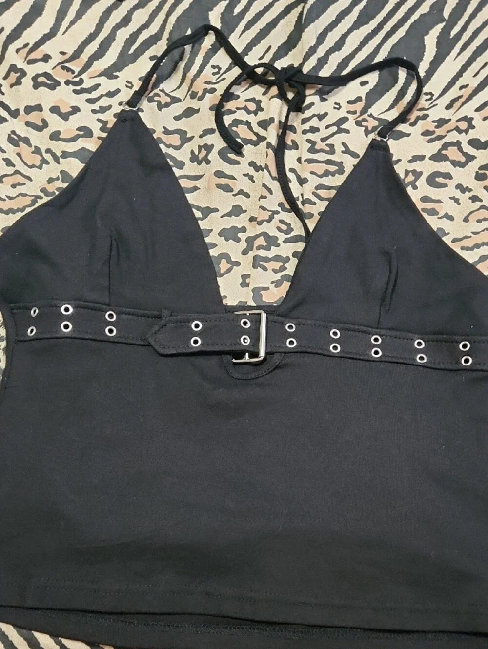 Black Grommet Belted Halter Top – Waist-Defining Women's Tank
